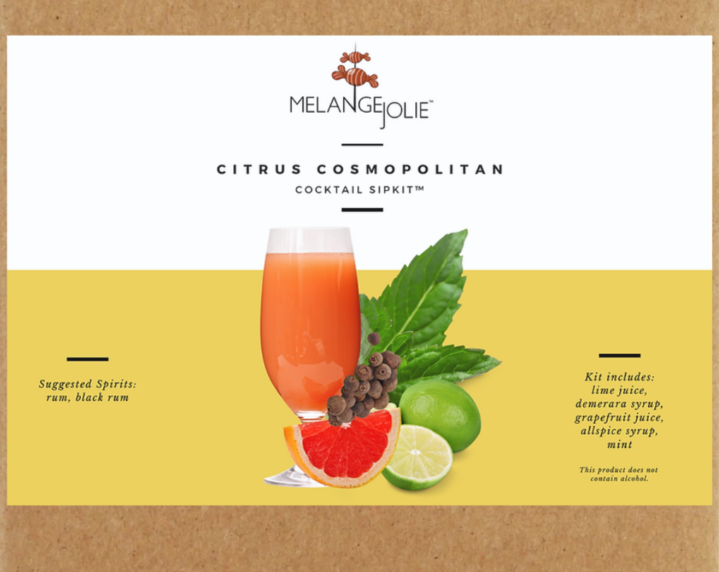 Mélange Jolie Citrus Cosmopolitan Cocktail SipKit™ featuring a martini glass, bar tools, and cocktail ingredients.